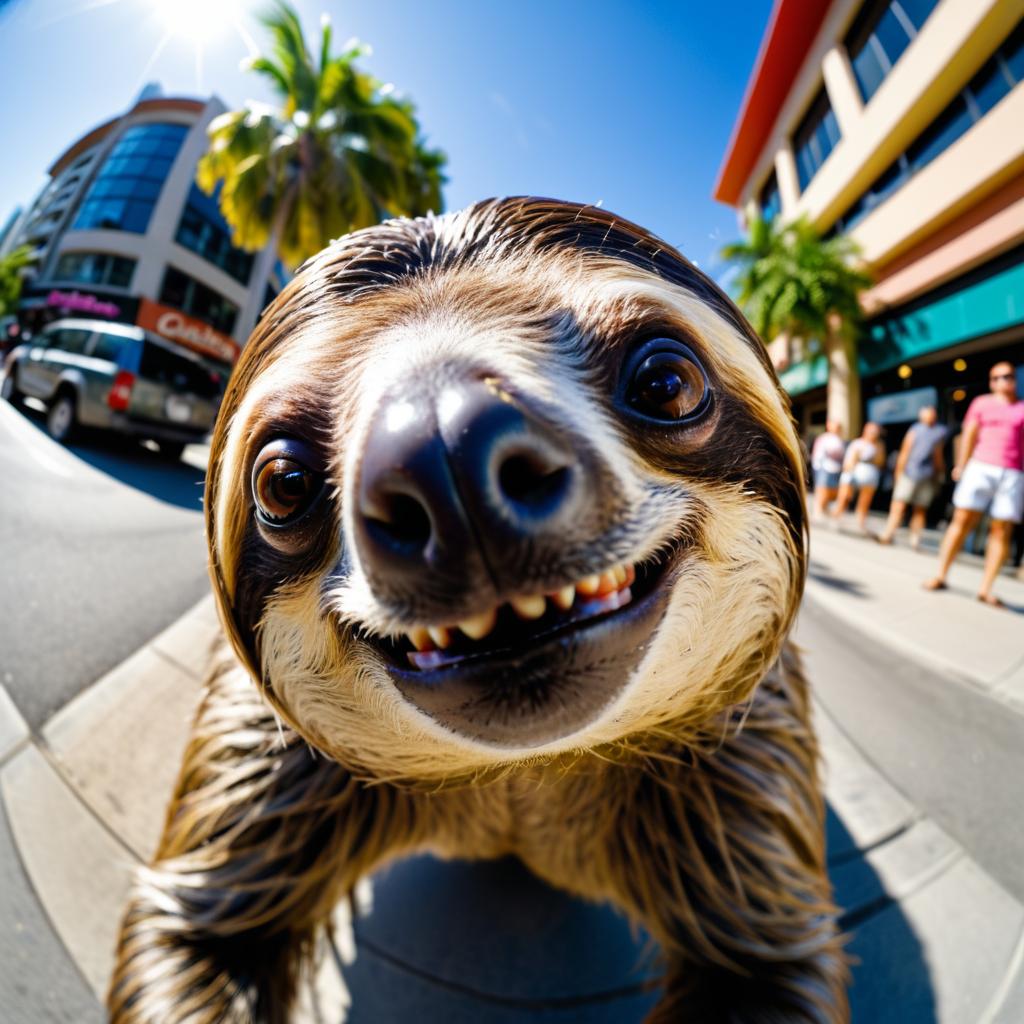 Goofy Fisheye Sloth on Sunny Sidewalk