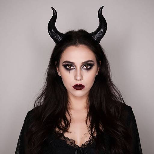 Photograph of pale woman with black horns, long dark hair, heavy black eye makeup, dark lipstick, wearing black lace top, white background.