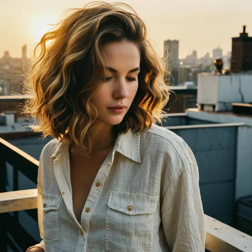Woman with Wavy Crop Hairstyle on Rooftop