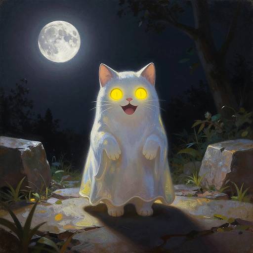 Playful Ghost Cat Under Silver Moon