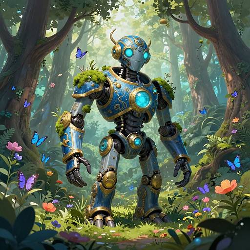 Digital artwork of a glowing blue and gold robotic humanoid standing in a lush, sunlit forest, surrounded by colorful butterflies and vibrant flowers.