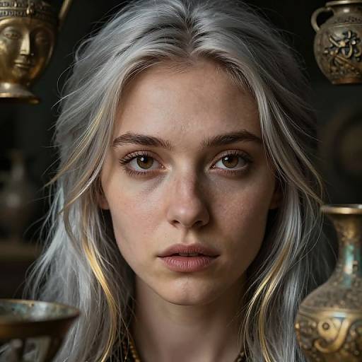 Photograph of a young woman with silver hair, fair skin, and green eyes, surrounded by ornate, golden pots, with a serious expression.