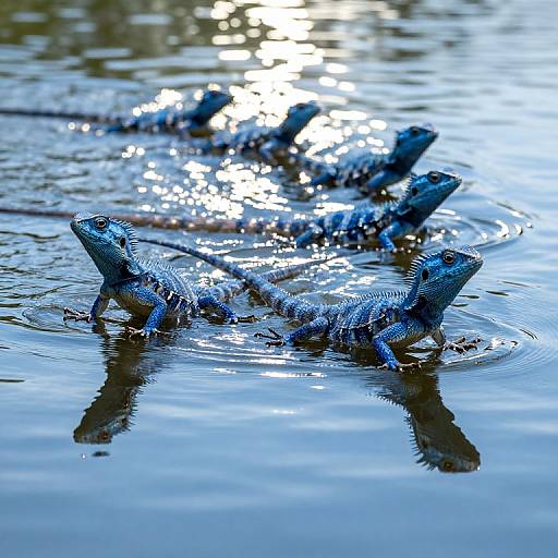 Photograph of five blue-spotted lizards swimming in a sparkling, reflective body of water, their textured scales glistening under sunlight.