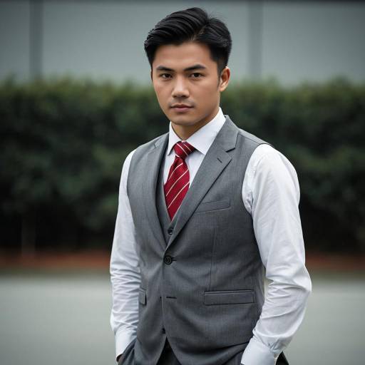 Asian Man in Formal Grey Suit and Red Tie