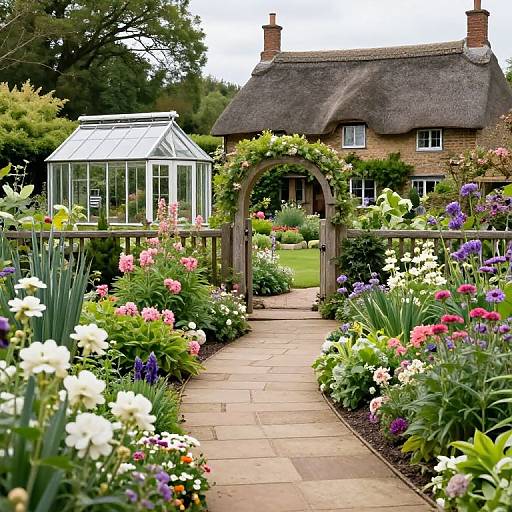 Photograph of a vibrant English cottage garden with a brick house, glass greenhouse, archway, and colorful flowerbeds on a stone path.