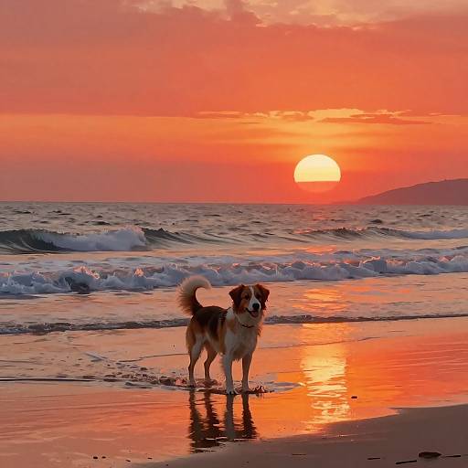 Photograph of a Border Collie with a black, white, and brown coat standing on a wet beach at sunset, reflecting vibrant orange and pink hues