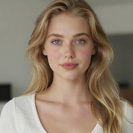 Photograph of a young woman with long, wavy blonde hair, blue eyes, fair skin, and pink lips, wearing a white, textured top