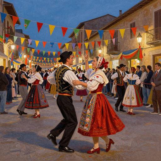 Vibrant photograph of traditional Spanish dance in a cobblestone plaza at dusk, with colorful bunting, dancers in vivid costumes, and onlook
