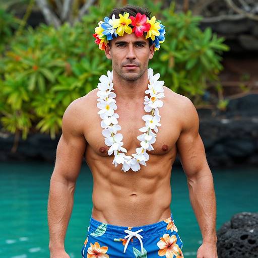 Muscular Man with Hawaiian Floral Accessories