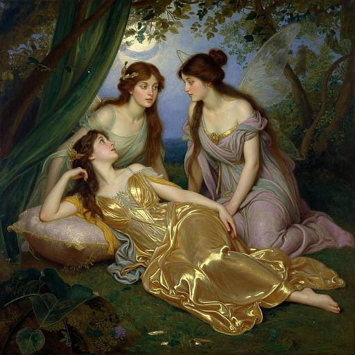 Romantic Pre-Raphaelite painting of three fair-skinned women in flowing, golden and purple dresses, seated under a moonlit tree, gazing