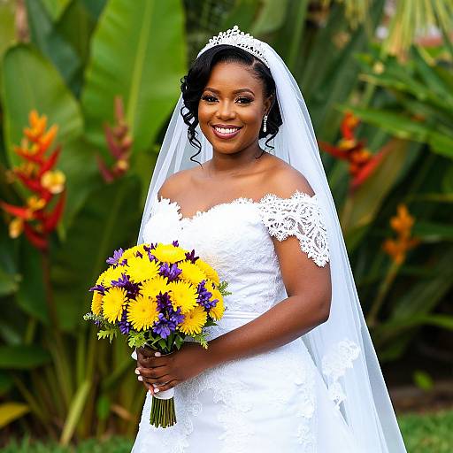 Photograph of a smiling Black bride in a white lace off-shoulder dress, veil, and tiara, holding a vibrant yellow and purple bouquet