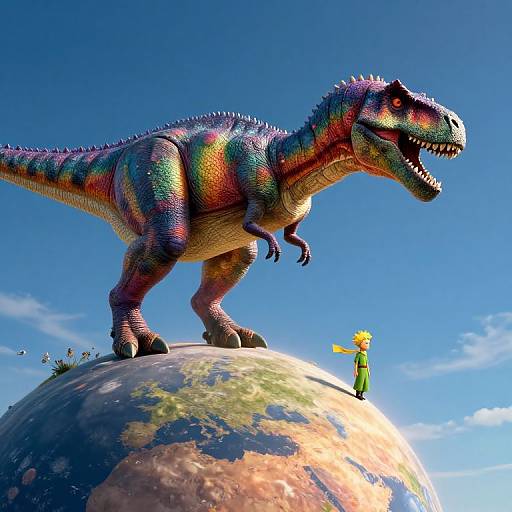 CGI image: Colorful, multicolored dinosaur with sharp teeth stands on Earth's globe, dwarfing a small, yellow-haired character in green
