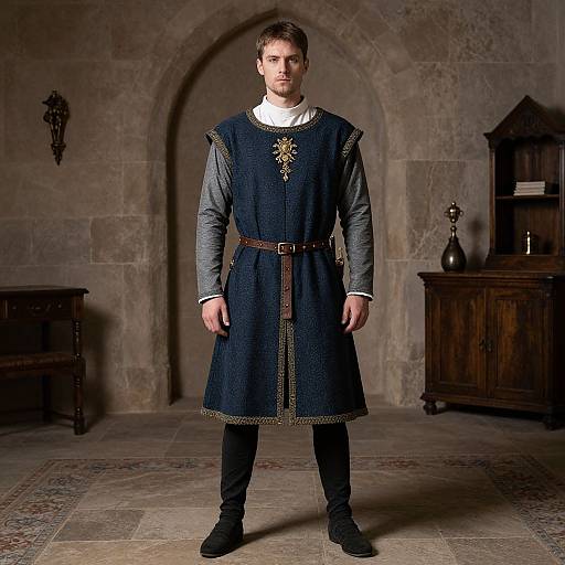 Photograph of a Caucasian man with short brown hair, wearing a medieval-style dark blue tunic, gray long-sleeve shirt, white collar,
