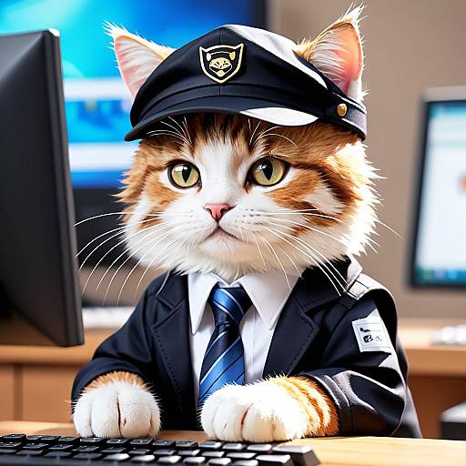 Cat in Police Uniform Working on Computer