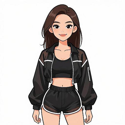 Digital anime-style drawing of a smiling young woman with long brown hair, wearing a black crop top, black jacket, and black shorts with white trim,