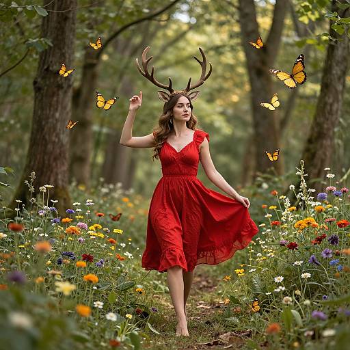 Photograph of a woman in a red dress with deer antlers, standing in a vibrant forest meadow, surrounded by butterflies and colorful wildflowers.