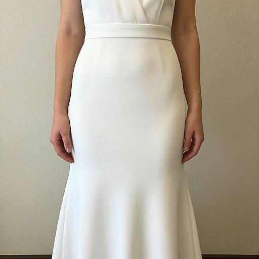 Photograph of a woman's torso and arms in a white, satin, floor-length dress with a smooth, elegant texture against a plain, light-colored