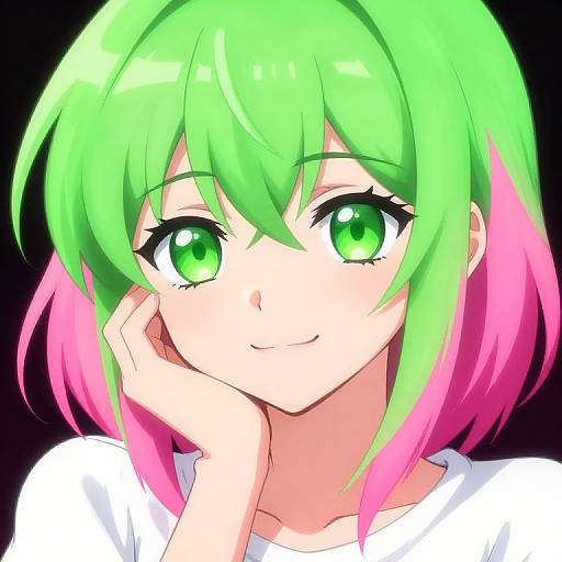 Digital anime-style portrait of a girl with bright green and pink hair, large green eyes, and a white shirt, smiling softly against a black background.