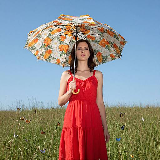 Photograph of a fair-skinned woman with dark brown hair, wearing a red sundress, holding an orange floral umbrella, standing in a grassy