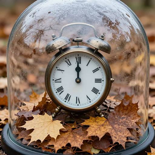 Photograph of a vintage alarm clock with a glass dome, surrounded by autumn leaves, showcasing a clear, reflective surface.