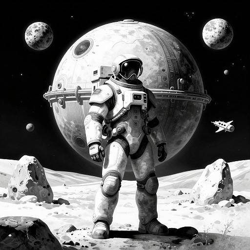Black-and-white digital illustration of an astronaut in a bulky spacesuit standing on a rocky moon surface, with a large moon, three planets, and a