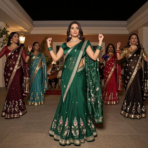 Photograph of a confident Indian woman in a green traditional saree with gold embroidery, surrounded by four other women in similar attire, posing in a dim