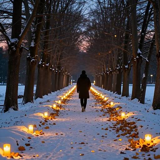 Photograph of a person in a dark coat walking down a snow-covered path lined with glowing lanterns and surrounded by bare trees at twilight.