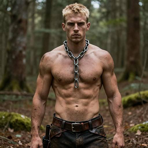 Muscular Man in Forest with Intense Gaze