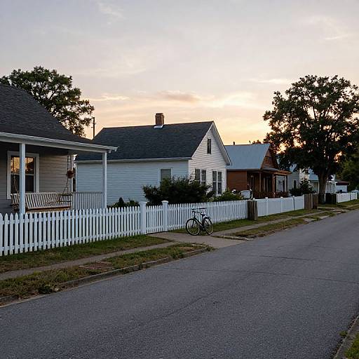 Photograph of a suburban street at dusk, featuring white picket fences, bicycles, and traditional houses with trees in the background.
