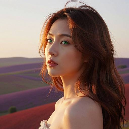 Photorealistic digital portrait of a beautiful young woman with long brown hair, green eyes, and fair skin, standing in a sunlit field of purple