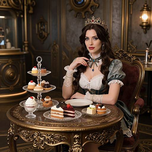 Photograph-style digital art of a dark-haired woman in a Victorian-style dress and tiara, sitting at an ornate table with a tiered dessert