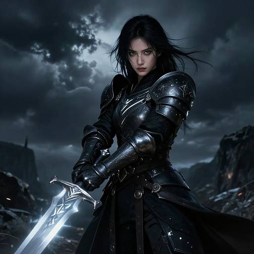 Dark-haired warrior in shiny black armor, gripping glowing sword, under stormy night sky. Epic fantasy illustration with intense, determined expression.