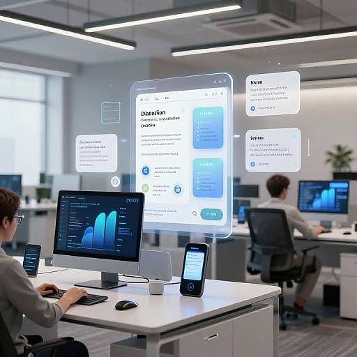 Photograph of a modern office with two men working at desks, featuring floating digital screens displaying website content above their computer monitors.