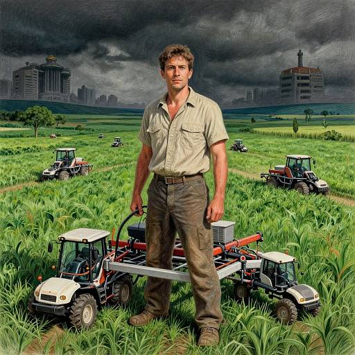 Photorealistic image of a muscular man with curly brown hair, wearing a beige shirt and brown pants, standing in a lush green field with multiple tr