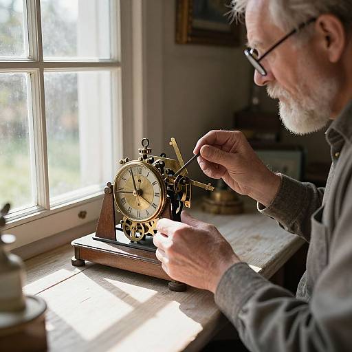 Photograph of an elderly white man with gray beard and glasses, repairing an antique brass clock on a sunlit wooden table near a window.