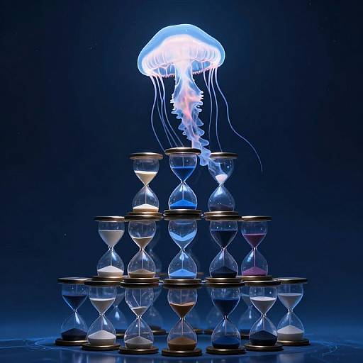 Photograph of glowing blue jellyfish floating above a pyramid of sand hourglasses against a dark blue background.