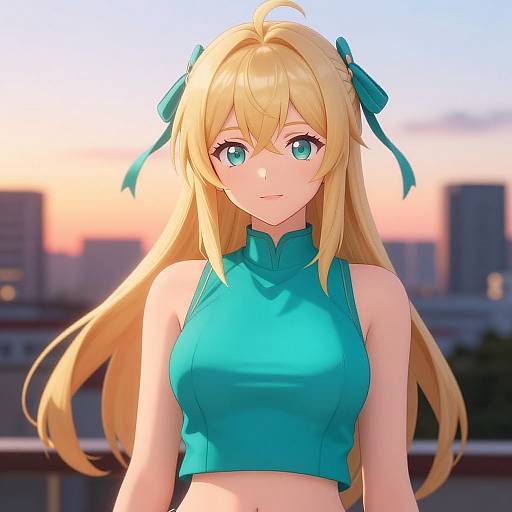 Digital anime-style drawing of a blonde girl with green eyes, wearing a teal high-neck crop top, and green hair ribbons, set against a sunset