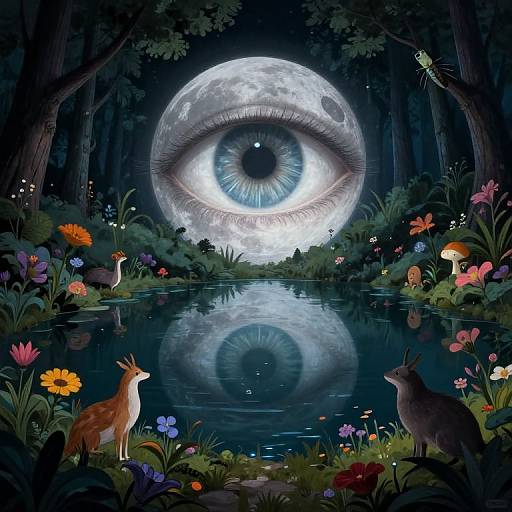 Digital fantasy artwork: A giant eye with a moon-like iris reflects in a magical forest pond, surrounded by colorful flowers, mushrooms, and deer, under