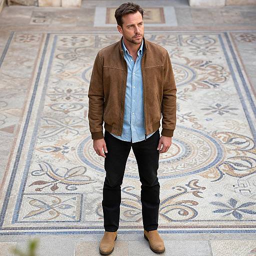 Photograph of a man with short brown hair, light blue shirt, brown jacket, black pants, and tan boots, standing on a detailed, orn