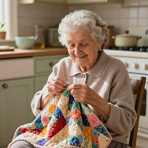Joyful Grandma Knitting in Vintage Kitchen
