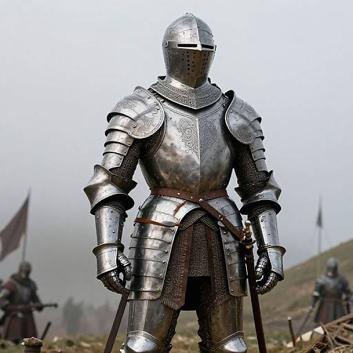 Photograph of a medieval knight in full shiny silver armor with a helmet, standing in a foggy battlefield, holding a sword.