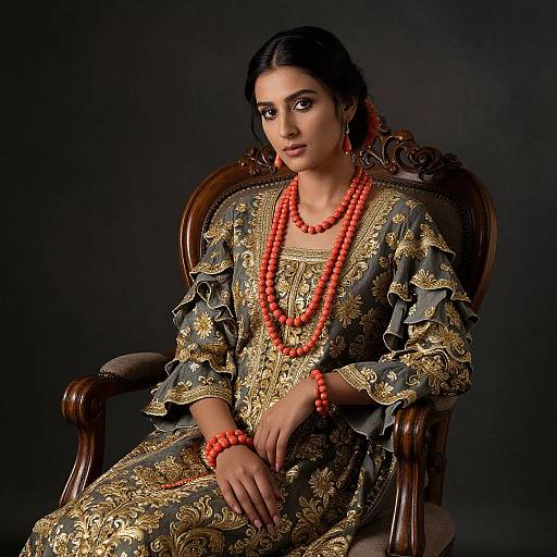 Photograph of an Indian woman with dark hair, wearing an ornate gold and black traditional dress, red bead jewelry, seated on a wooden chair against