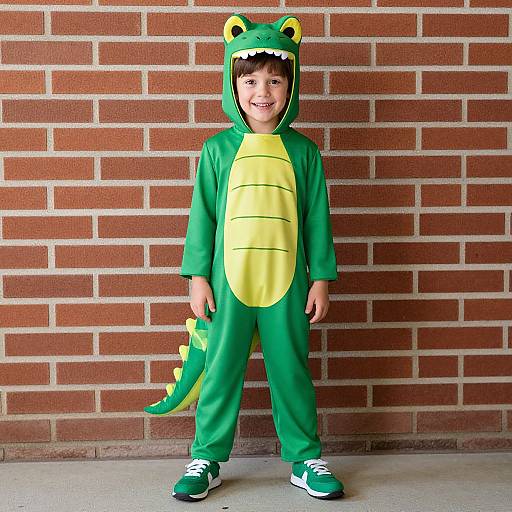 Photograph of a smiling young boy in a green dinosaur onesie with yellow chest, green shoes, and yellow ears, standing against a red brick wall
