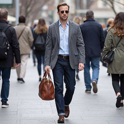 Photograph of a confident, bearded man in a gray blazer, white shirt, dark jeans, sunglasses, and brown leather bag walking through a