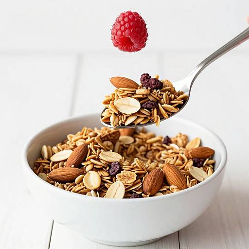 Photograph of a white bowl filled with almond and oat granola, spoon lifting a raspberry above, white background, bright lighting.