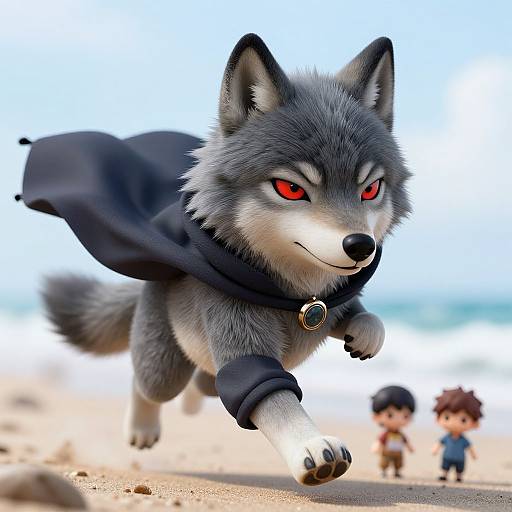 CGI image of a fierce, grey wolf with red eyes, wearing a black cape and collar, running on a sandy beach with two small, ch