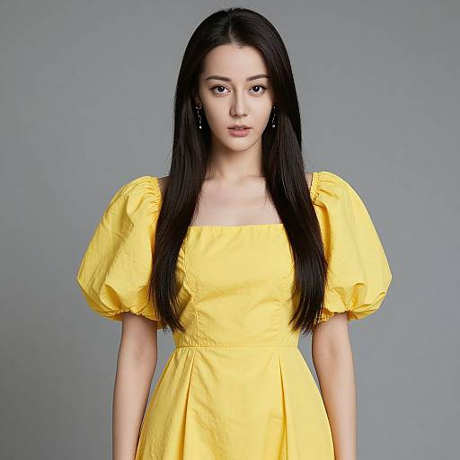 Photograph of an Asian woman with long black hair, wearing a bright yellow dress with puffed short sleeves, standing against a plain gray background.