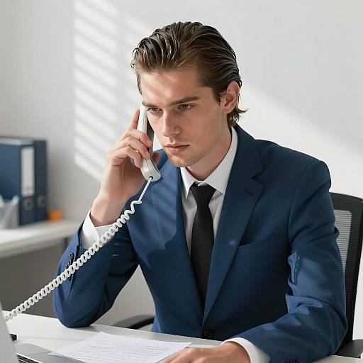 Sleek Office Attire with Vintage Phone
