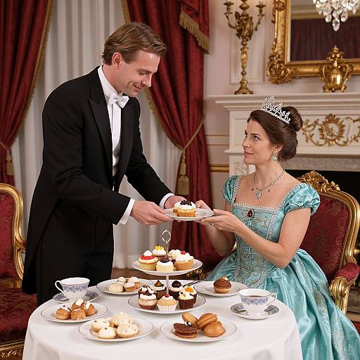 Photorealistic image of a formal tea setting: a suiting man in black tuxedo presents cake to a princess in turquoise gown and tiara