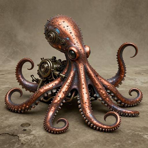 Steampunk-style, copper-painted, intricately detailed octopus with mechanical parts and rivets, standing on a textured concrete surface. Photograph.